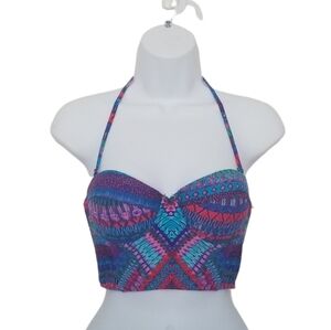 Forever 21 Colorful Aztec Print Bustier Style Halter Strappy Back Bikini Top.